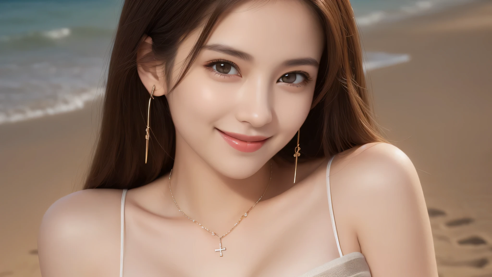 (2flat_chest_girl:1.4), brown eyes, (cute smile:1.2), (highly detailed eyes, highly detailed face), (flat chest, Tube top:1.2), accessories, necklace, earrings, (hyper-realistic, hight resolution), (best Quality:1.4), model, Enchanting, beach, (Fine face:1.2),