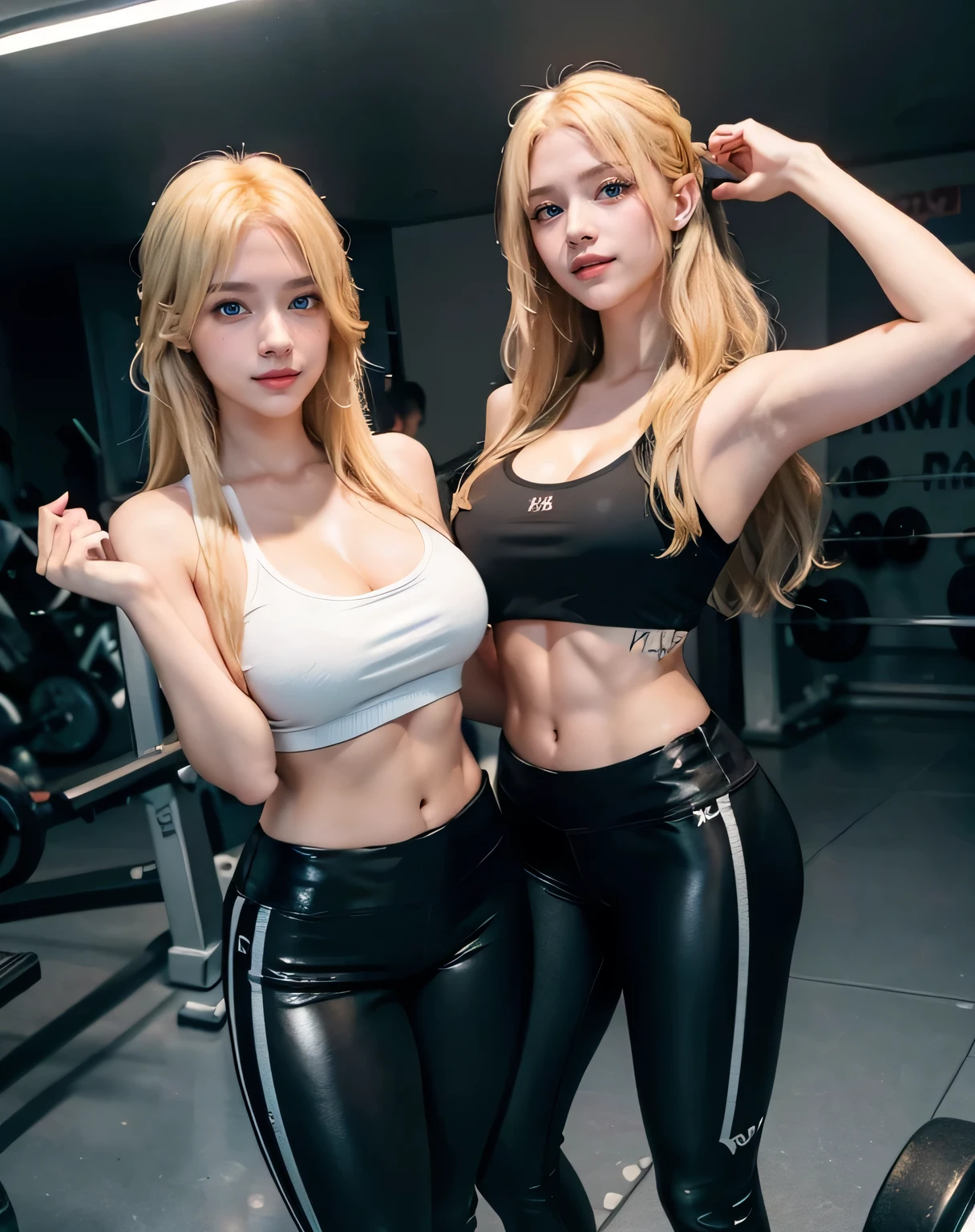 Realistic, high resolution, 1 girl, white wavy hair, Korean, heterochrome eyes, small moles under the eyes, loose white shirt, yoga pants, big breasts, long legs, tight abs, camel toes, sexually bit her lip