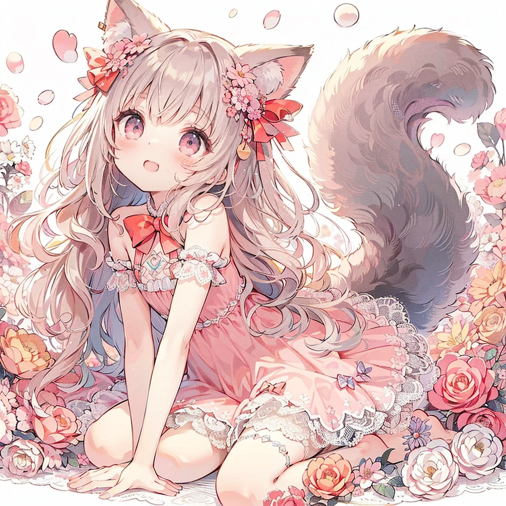 　(Exquisite, beautiful, Very detailed, masterpiece, high quality,High resolution),(Well-formed face,Soft and thin lines,Beautiful and delicate illustrations with a mature and transparent feel, Pixiv-inspired anime illustration,A cute watercolor illustration of a beautiful girl in pastel colors that is going viral among Japanese people on Twitter),beautiful花々,petal,A tiny creature with fluffy, soft cat ears and a thin, long, flexible cat tail is on all fours, puffing out its chest and looking happy and relaxed.,She is wearing fluffy, soft clothes with lace, frills, and ribbons, and knee-high socks.,(Short eyebrows and pale pink blush, Plump pink lips,A small nose, a cat-like mouth with sharp Japanese fangs visible when smiling, and cat-like eyes.,She has a fairly large bust, an open chest, fair skin, a nice body, and a long, slender cat&#39;s tail.,),Dynamic angles with vibrant colors and striking colors,The fur is fluffy and soft, 