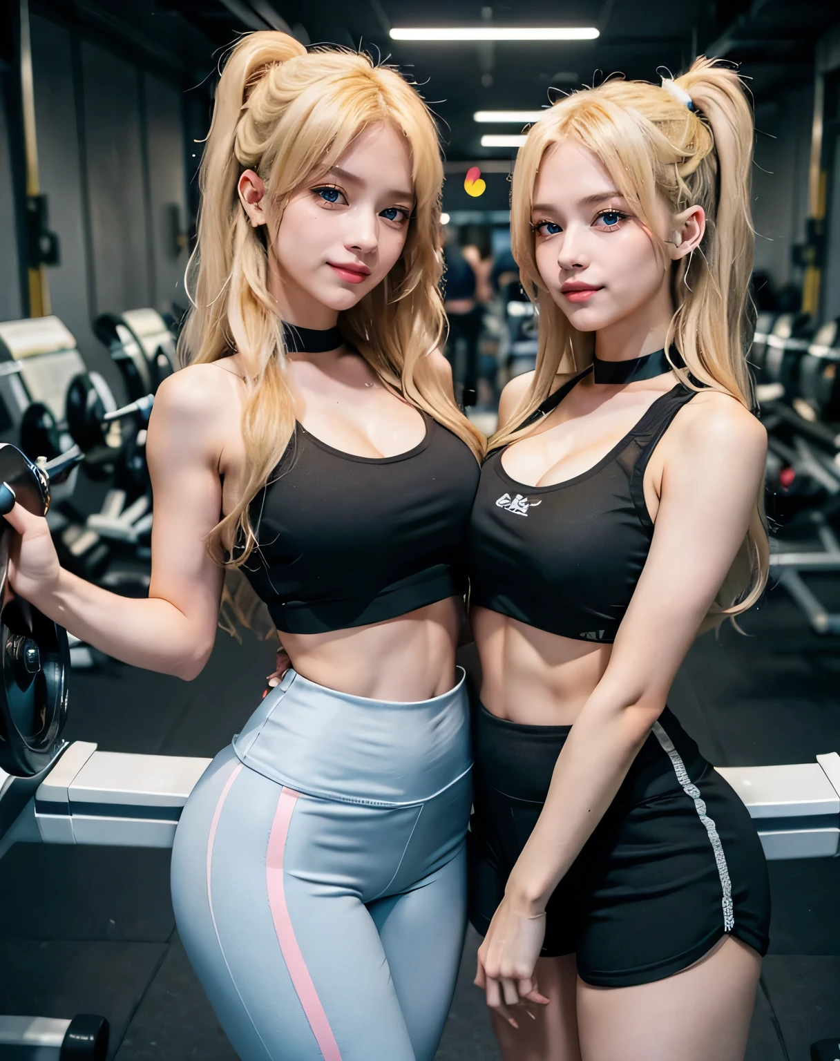 2girl, twins, (Blue Eyes), (smiling :1.2), (Sana Minatozaki), wide hips, Big tits, big ass, (thin waist), (thick and toned thighs), (Best Quality, 8k, Masterpiece: 1.3), Clear Focus: 1.2, Perfect Body Beauty: 1.4, (strong abs :1.3), Highly detailed face and skin texture, detailed eyes, double eyelids, (blonde long hair :1.2), (cleavage black tanktop :1.2), (leggings shorts :1.2), (with his twin sister :1.4), (posing with her twin sister :1.3), in a gym