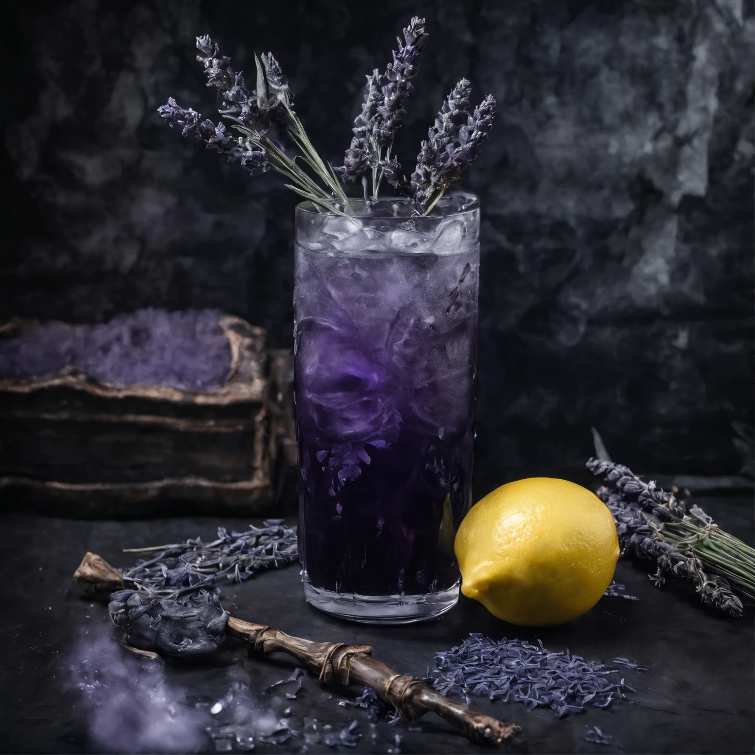 A calming drink made with lavender syrup, lemon juice, and a splash of sparkling water, served over ice with a sprig of lavender.