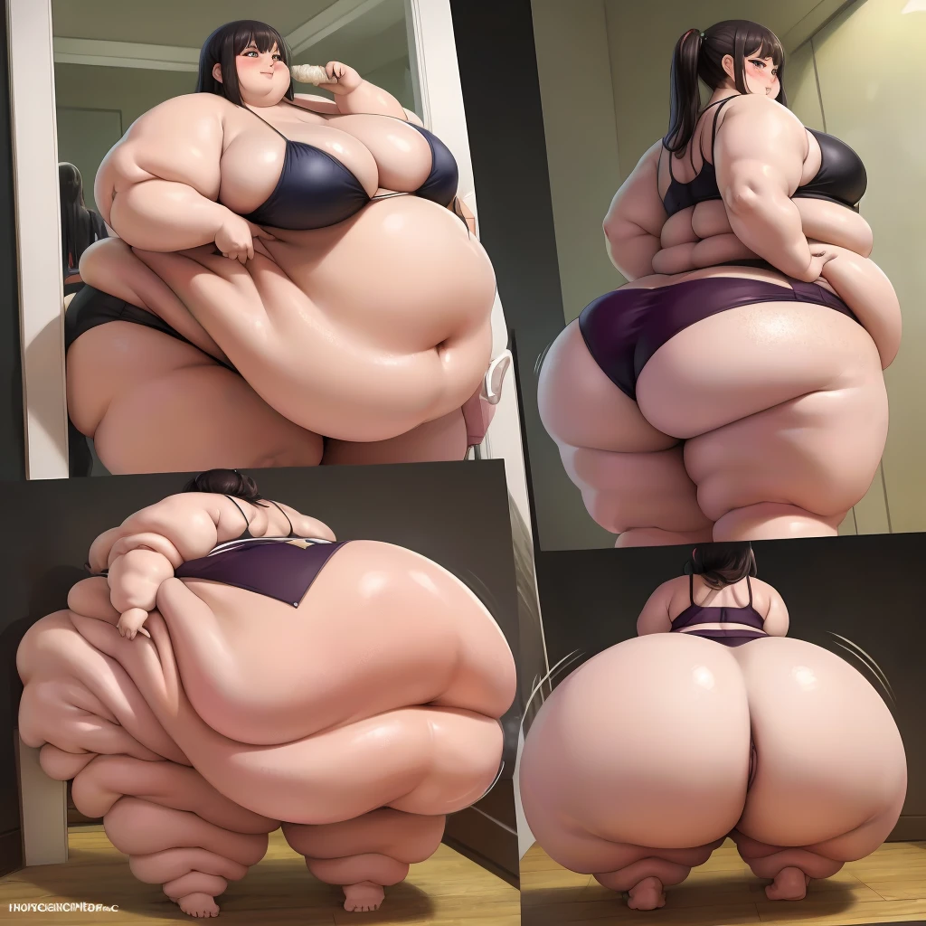 You as a young woman in a bikini, massive bloated overstuffed very heavy belly, hyper massive fat tall wide round heavy heart shaped bubble butt, very wide fat hips, massive fat round long very heavy breasts, deep long cleavage, weight gain, deep navel, from slightly behind, looking back, smiling, blushing, sexy pose, showing off her massive heavy fat round ass, she wants to be fatter, shes madly in love, first person POV, looking in a mirror POV,