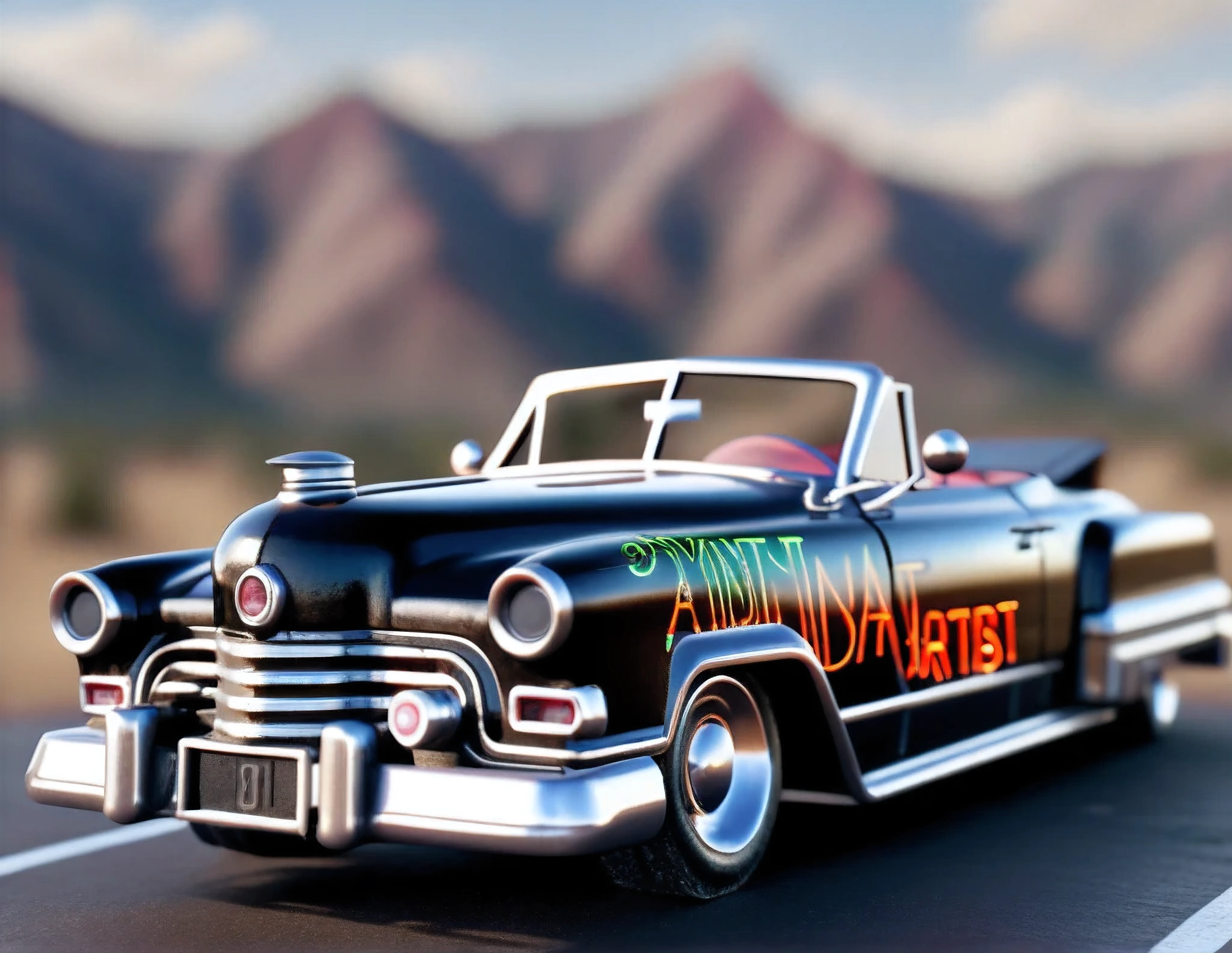 Neon sign "Deviant Artist" (text "Deviant Artist") instead of the registration number on the convertible, driving a gorgeous model in an off-the-shoulder dress and a hat, hyper detailed, , sharp focus, intricate details, highly detailed, close-up, neon ambiance, abstract black oil, gear mecha, detailed acrylic, grunge, intricate complexity, rendered in unreal engine, photorealistic, with the caliber of 8k artistic photography. High Resolution, High Quality, Masterpiece. How about a three engine train rolling through the mountains?