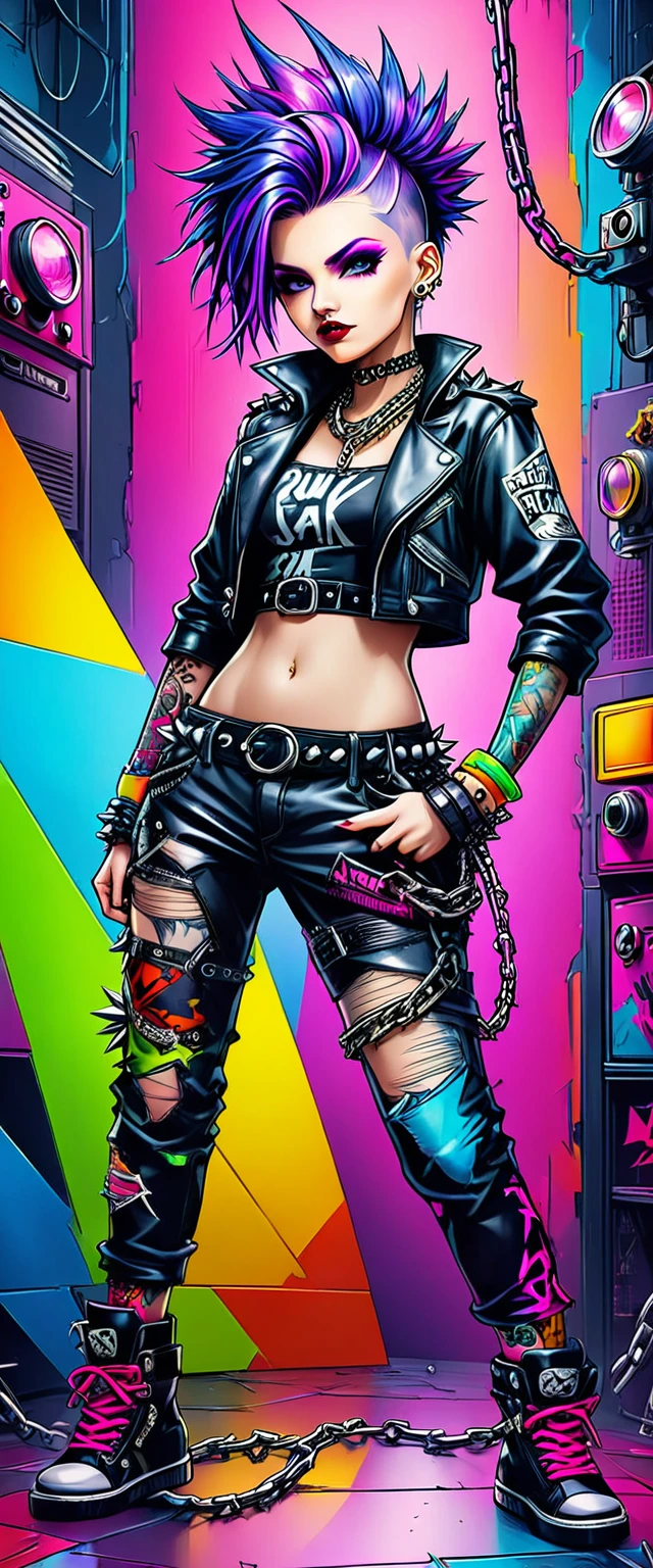 models, professional:1.6(best quality,4k,8k,highres,masterpiece:1.2),ultra-detailed,realistic,punk style,punk fashion,full body shot:1.5,general shot:1.5, rebellious,spiked clothing,chain accessories, rebellious pose,high mohawk,violet hair,colorful,edgy background,studio lighting,dynamic pose y elegamte