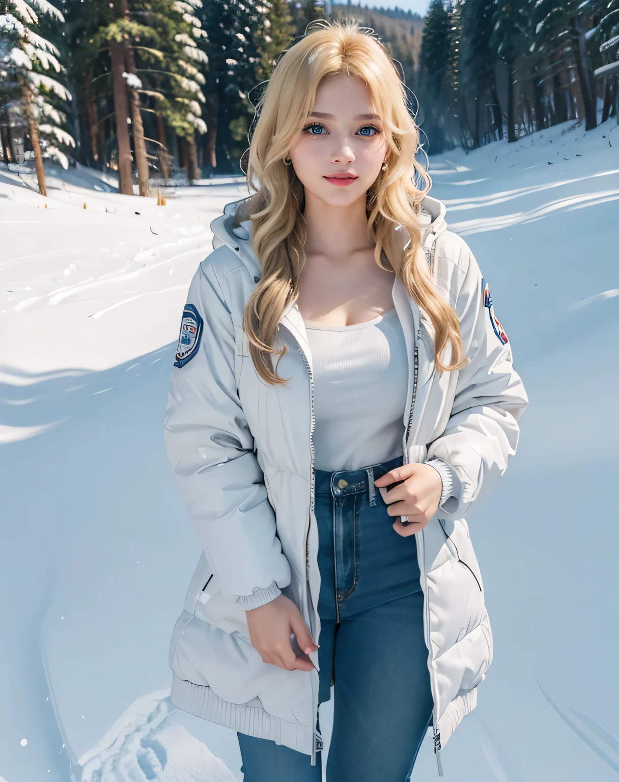 1girl, (Blue Eyes), (smiling), (Sana Minatozaki), (beautiful makeup :1.2), wide hips, Big tits, big ass, (Best Quality, 8k, Masterpiece: 1.3), Clear Focus: 1.2, Perfect Body Beauty: 1.4, Highly detailed face and skin texture, detailed eyes, double eyelids, (blonde long wavy hair :1.2), (white warm winter jacket :1.3), (jeans), (gold details), warm clothing, standing, looking the camera, in a snowy field, snowing, pine trees in the background