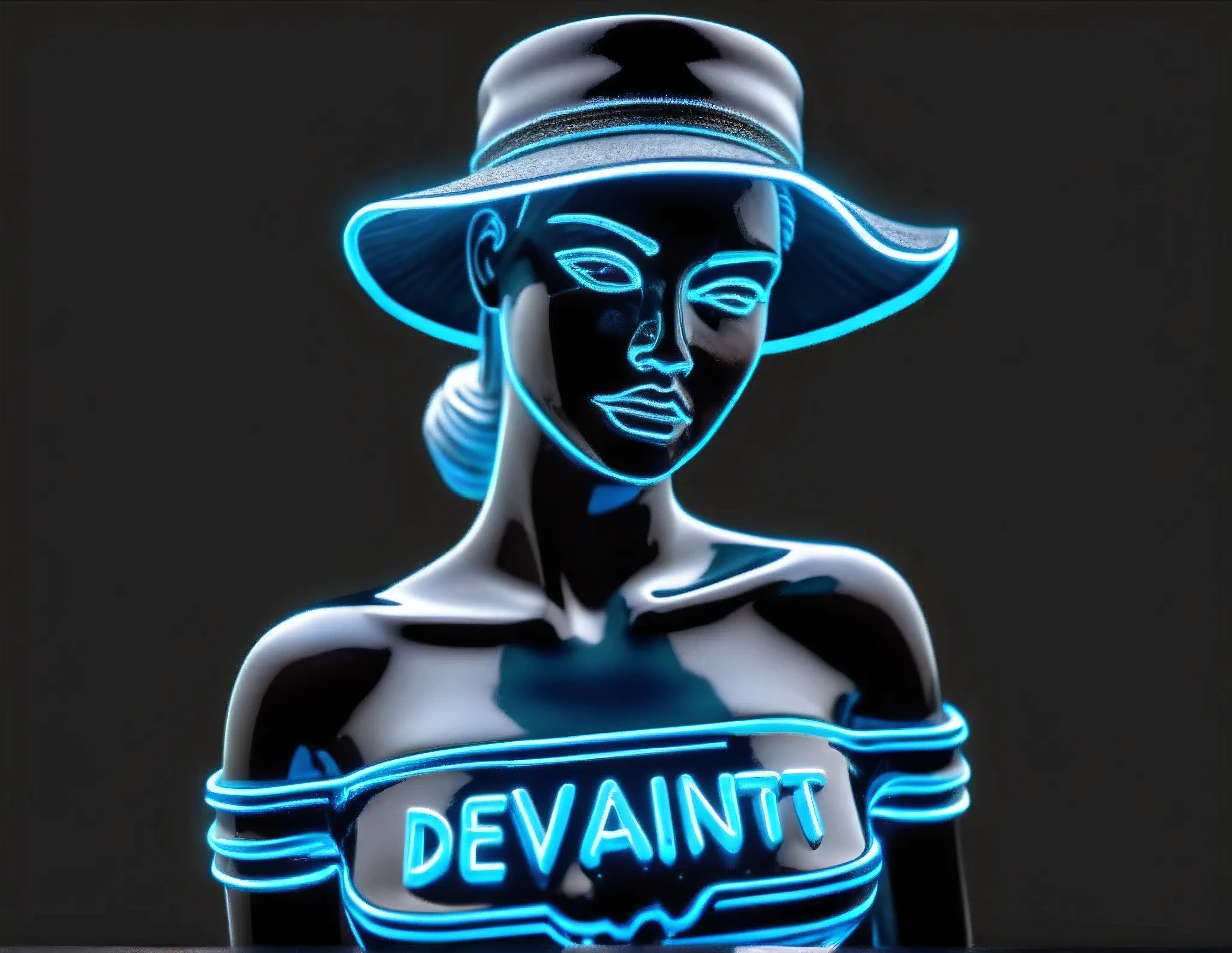 Neon sign "Deviant Artist" (text "Deviant Artist") instead of the registration number on the convertible, driving a gorgeous model in an off-the-shoulder dress and a hat, hyper detailed, , sharp focus, intricate details, highly detailed, close-up, neon ambiance, abstract black oil, gear mecha, detailed acrylic, grunge, intricate complexity, rendered in unreal engine, photorealistic, with the caliber of 8k artistic photography. High Resolution, High Quality, Masterpiece.