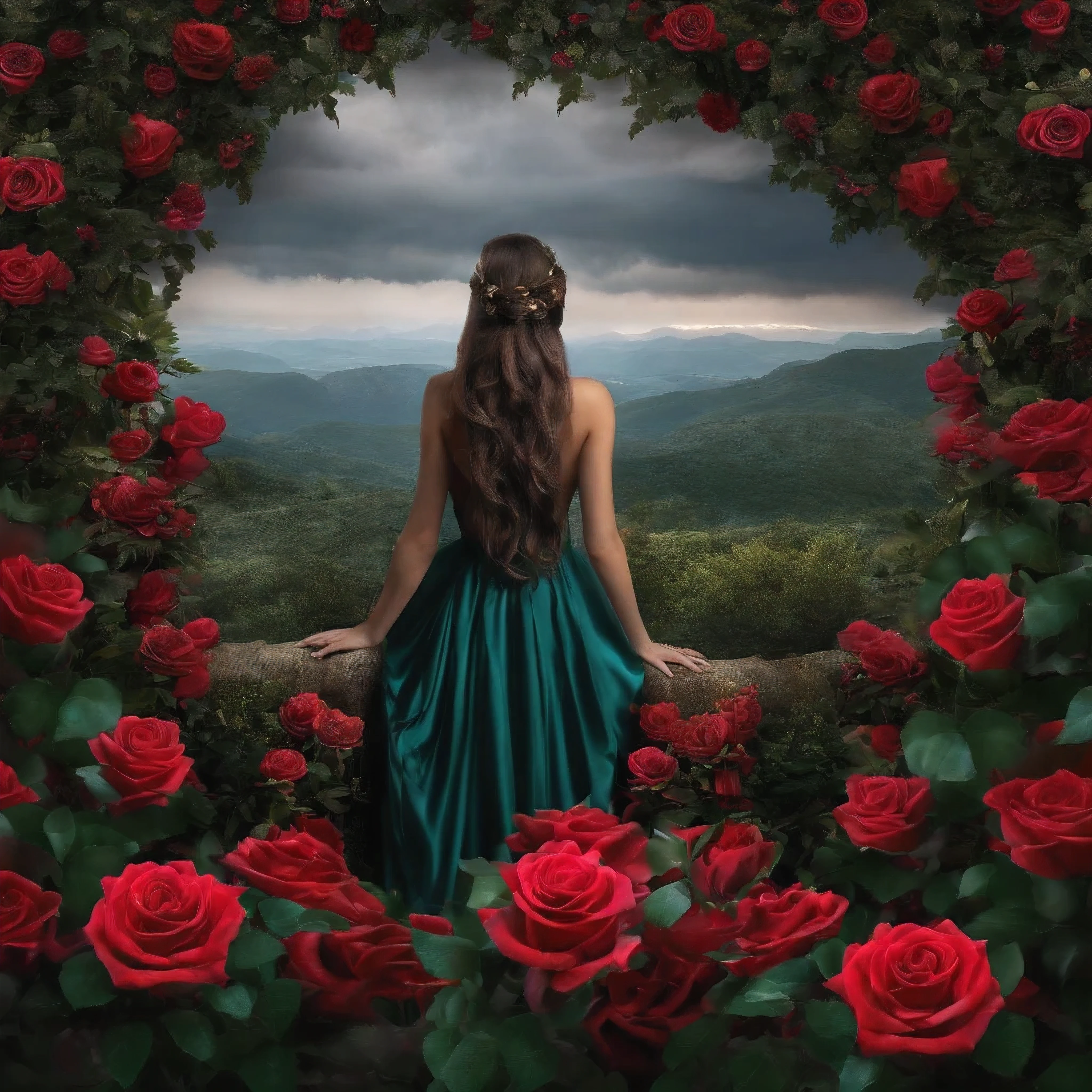 , I like to see a creation, and I know you could do really, really well. I would like to see a lot of roses. Different colored ones are highly detailed, with a person hiding in them. Peeking out through one of them. Would you be able to create that