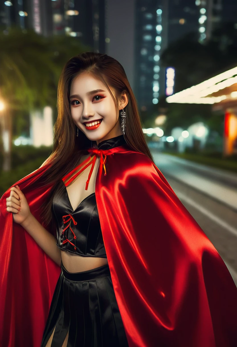 Vampyfangs1 , (RAW photo) , 1girl, Chinese cute, 20 years old, long hair in ponytail, smiling, look at viewer, ((((silver and red lined satin cape tied at the neck)))+++, side spilt skirt , photo, realistic, best quality, hires, detailed face, detailed background, diffused lighting, depth of field, bokeh