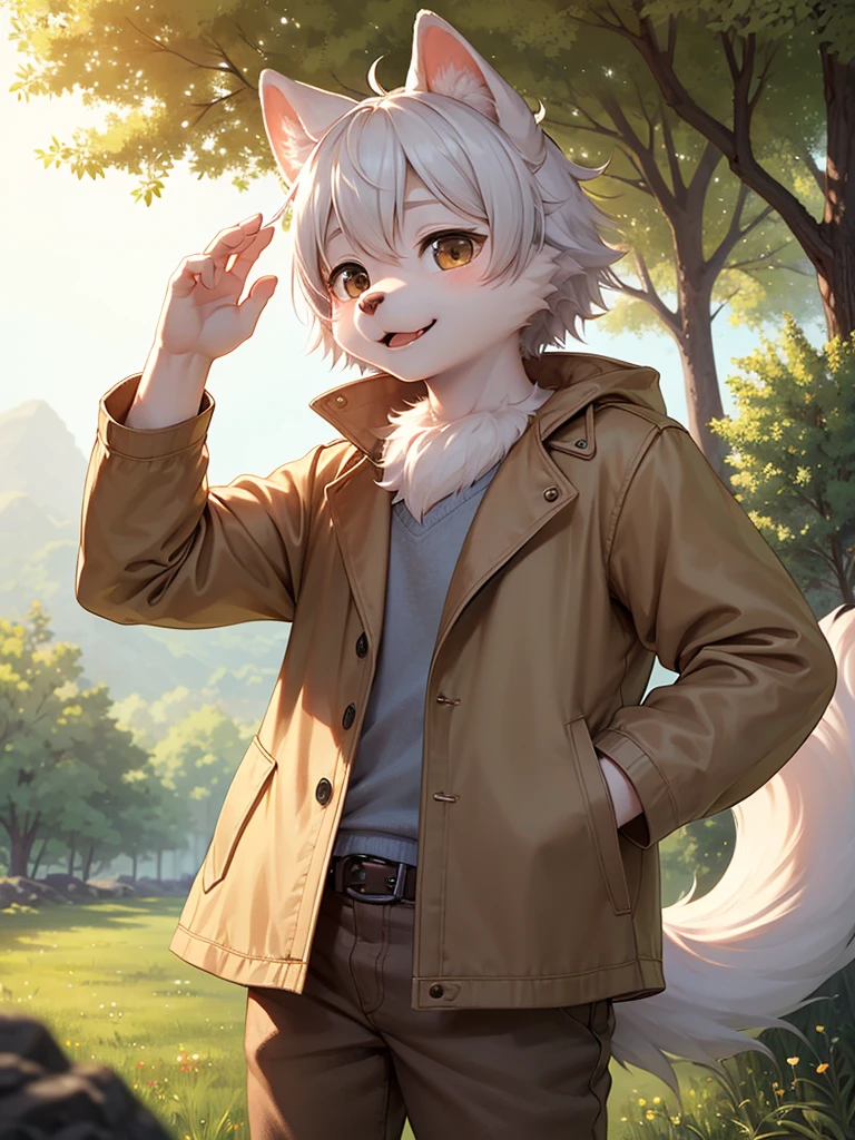 (best quality,highres,ultra-detailed,realistic),male furry,kintamani dog,cute,kids,fluffy fur,fluffy tail,kemono,adorable expression,cute pose,bright and lively colors,cheerful, trench coat, brown pants, atmosphere,beautiful nature background,soft sunlight filter, white fur.