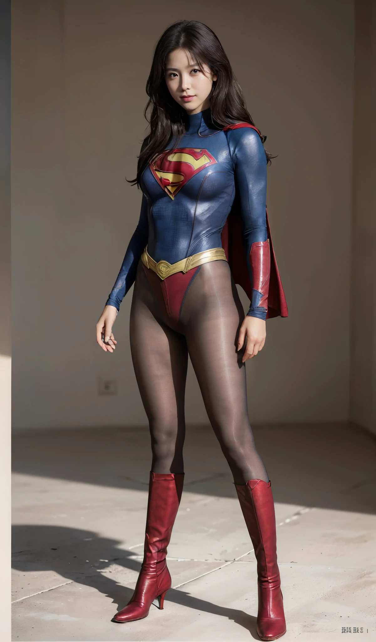 No background、(((Beautiful legs in black tights.)))、(((Legally express the beauty of your smile)))、((((Make the most of your original images)))、(((Supergirl Costume)))、(((Beautiful Hair)))、(((suffering)))、(((Please wear black tights....、Wear red boots)))、((Best image quality、8k))、((highest quality、8k、masterpiece:1.3))、(((Preserve background )))、Sharp focus:1.2、Beautiful woman with perfect figure:1.4、Slim Abs:1.2、Wet body:1.5、Highly detailed face and skin texture、8k