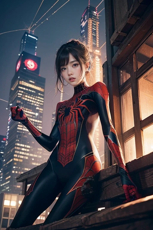 1 girl、(Spider Suit、Spider Webプリント、Spider Web、Spiderman)、Disorganized、Fine details、HDR、Stand on the roof of a skyscraper、(No mask)、See who's watching、smile、Short brown hair、New York Buildings Background