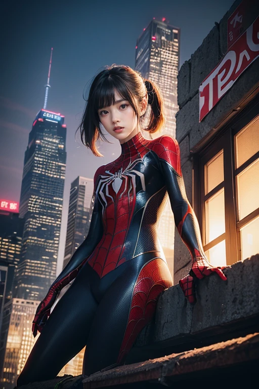 1 girl、(Spider Suit、Spider Webプリント、Spider Web、Spiderman)、Disorganized、Fine details、HDR、Stand on the roof of a skyscraper、(No mask)、See who&#39;s watching、smile、Short brown hair、New York Buildings Background