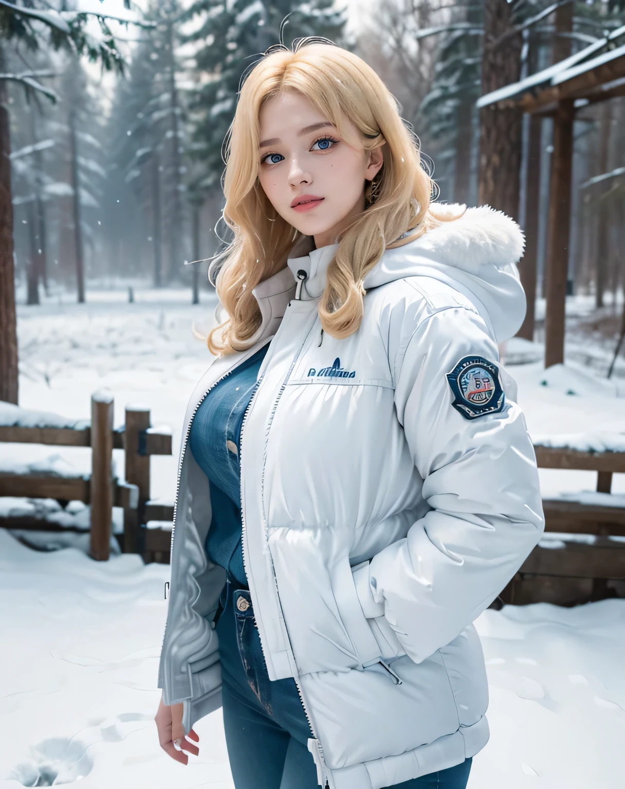 1girl, (Blue Eyes), (smiling), (Sana Minatozaki), (beautiful makeup :1.2), wide hips, Big tits, big ass, (Best Quality, 8k, Masterpiece: 1.3), Clear Focus: 1.2, Perfect Body Beauty: 1.4, Highly detailed face and skin texture, detailed eyes, double eyelids, (blonde long wavy hair :1.2), (white warm winter jacket :1.3), (jeans), (gold details), warm clothing, standing, looking the camera, in a snowy field, snowing, pine trees in the background