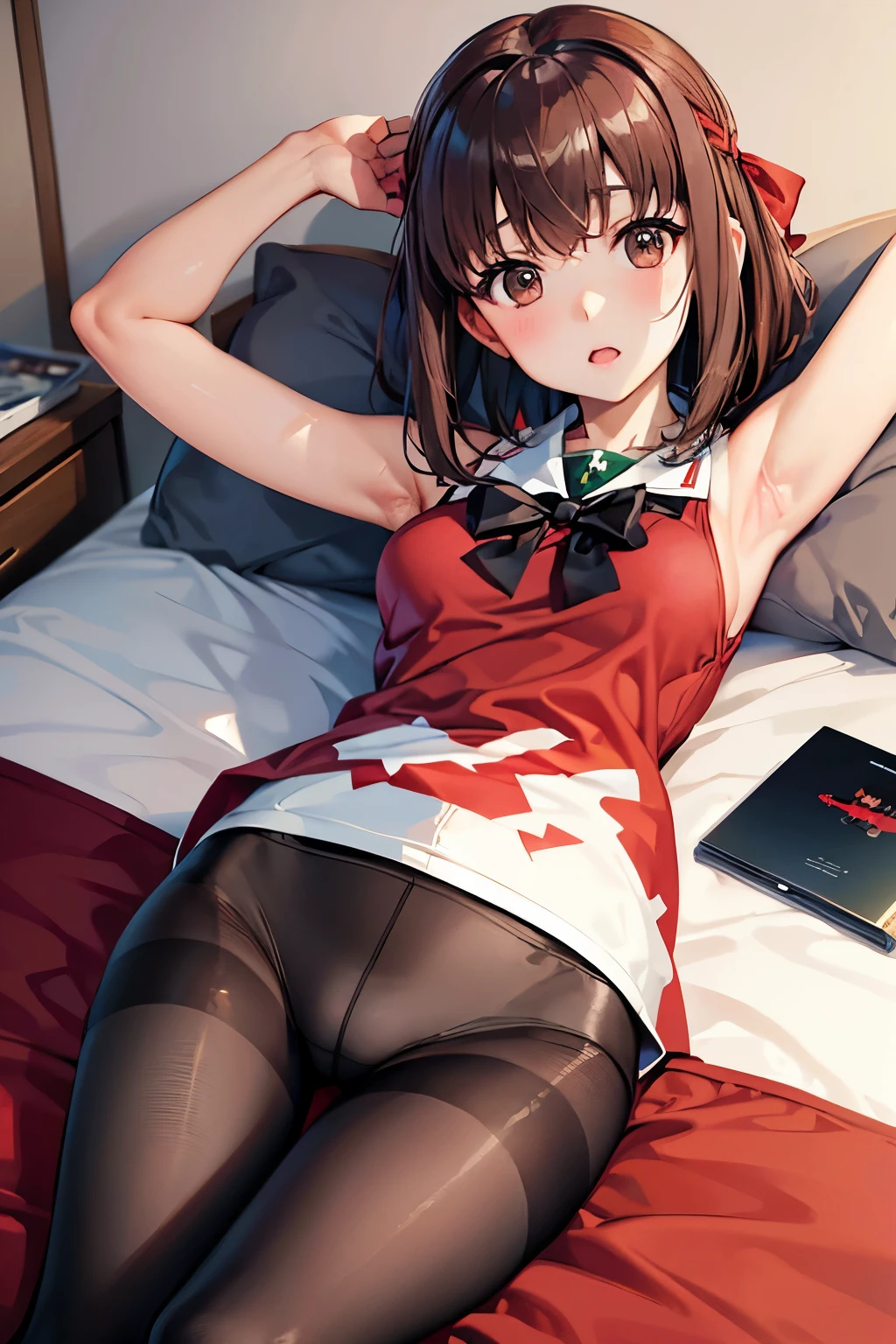 Taeko Kondo、Girls&Panzer、Brown Hair、Short Hair、((pantyhose))、Photo from below、Medium chest、Bedroom、(Sleeveless shirt)、Red ribbon、Black Panties、Checkered mini skirt