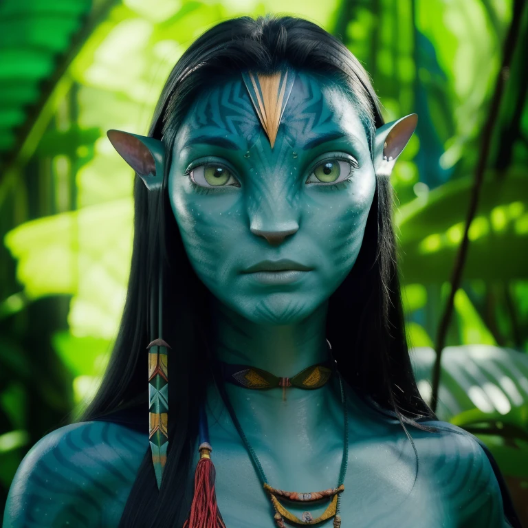 avatar style, (face portrait:1.6), naavi, 1girl, female, (silver eyes), (big eyes), ((eyebrowless)), pointy ears, (dark green blue skin tone:1.0), (straight hair:1.0), black hair color, ((long hair)), (young adult), 18 years old, face wrinkles, wearing colorful tribal clothing, (wearing tribal acessories), detailed eyes, toned body, muscled body, vibrant colors, glowing, ethereal atmosphere, surrealistic dreamy lighting, textured skin, otherworldly beauty, mesmerizing photography, (best quality, highres), vivid colors, ultrarealistic, skin details, striped skin, sfw, face close-up:0.5, ultradetailed body, ((greenish blue skin)), AvAonung