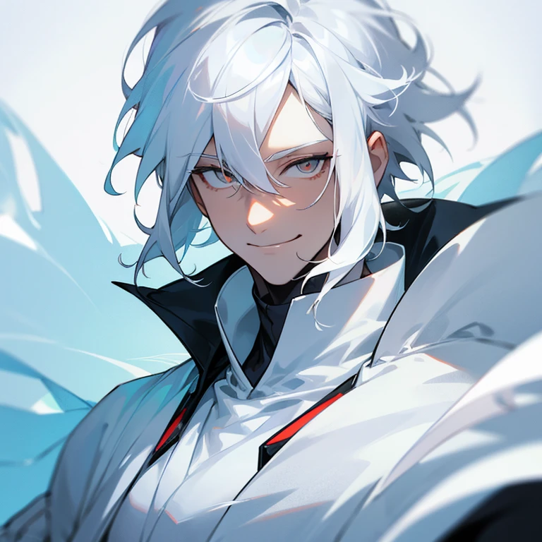 A glowing white male, white hair, white eyes, white clothing, he’s smiling softly, focus on face and upper chest,