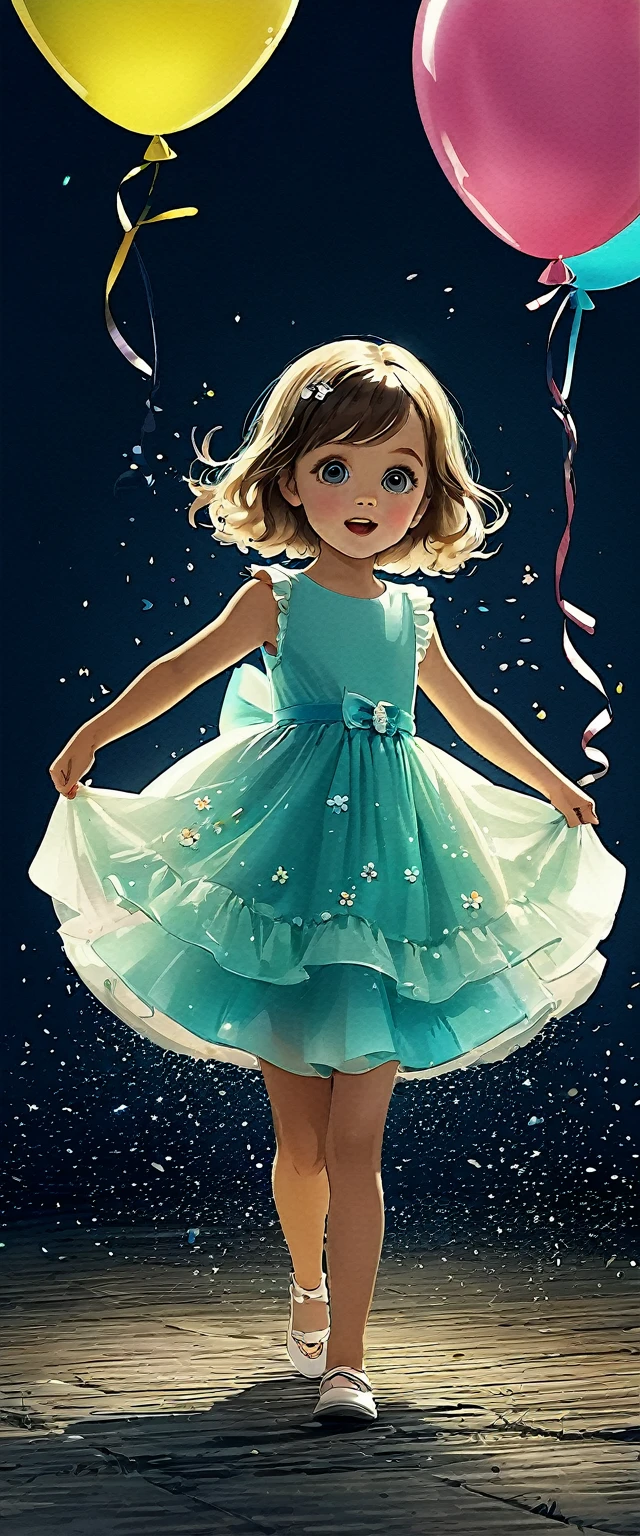 (best quality, 4k, high resolution, masterpiece: 1.2), ultra-detailed, to a 5 year old girl, se le escapa un globo de las manos, the girl is surprised, vestido tierno y lindo, lleva adornos hermosos en su vestido y cabello, imagen tierna y dulce, cachorro caminando junto a ella , colores pasteles, imagen minimalista