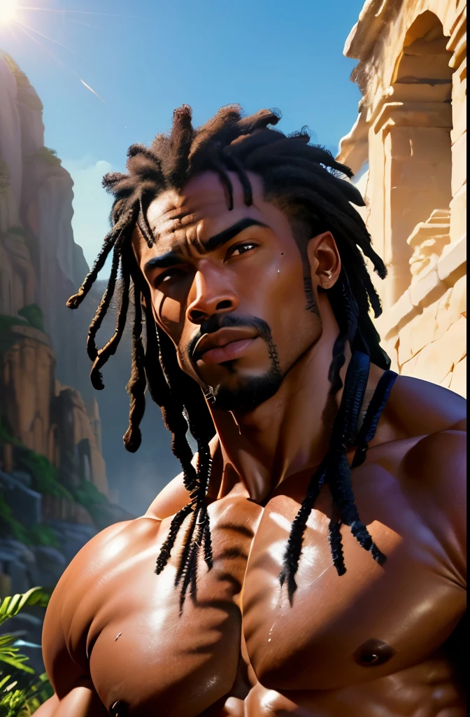 ((best quality)), ((masterpiece)), (detailed), African black man, Conan the Barbarian, is imposing in an ancient lost city. Perfect chiselled body, insanely beautiful and masculine face. Sunlight highlights your muscles and scars. The scenery is lush and mysterious, with ruins and vegetation. The camera details everything. He is looking up