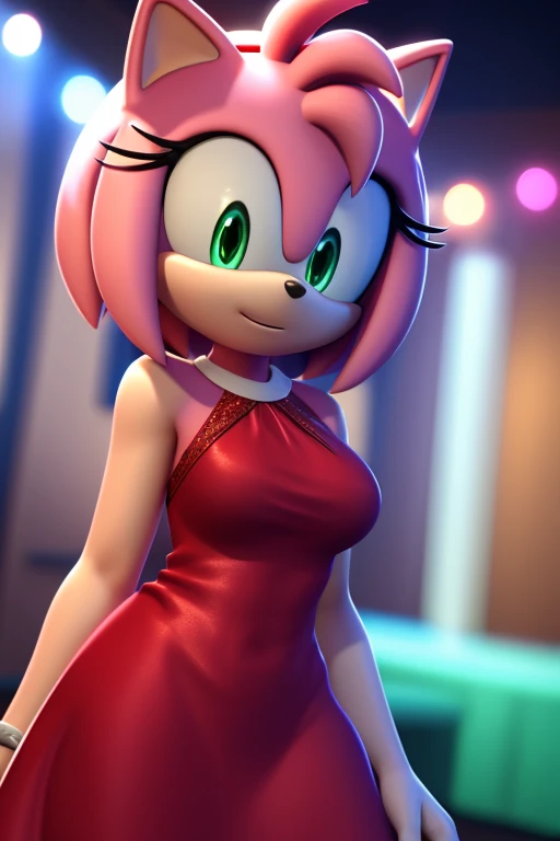 Masterpiece, high quality, studio quality, intricate details, 4k, 1girl, solo, Amy Rose, party dress, eyes open, green eyes, medium breasts