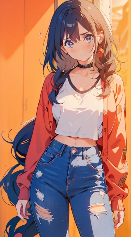 Kurenai do anime Naruto, cabelo preto, Cabelo longo, olhos vermelhos, using mascara, corpo perfeito, Seios perfeitos, Mulher bonita, muito bonito, vestindo uma camisa branca, wearing a red cardigan, jeans, usando uma bolsa, using a watch, usando brincos -brincos, were no Shopping, no Shopping, realismo, obra de arte, couro texturizado, super detalhado, alto detalhe, alta qualidade, melhor qualidade, 1080P, High definition, 16K