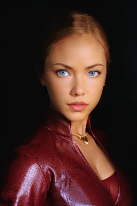 T3RMKL0K, blue eyed, medium to large size breast, perked breast resulting in cleavage, cleavage, big cleavage, red outfit, gold necklace