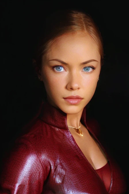 T3RMKL0K, blue eyed, medium to large size breast, perked breast resulting in cleavage, cleavage, big cleavage, red outfit, gold necklace