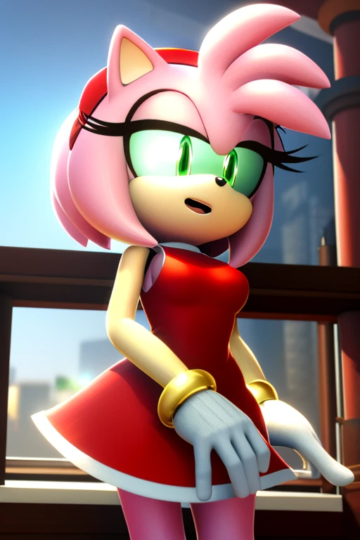 Masterpiece, high quality, studio quality, intricate details, 4k, 1girl, solo, Amy Rose, party dress, eyes open, green eyes, medium breasts