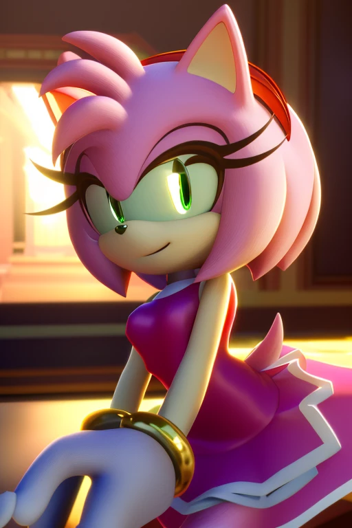 Masterpiece, high quality, studio quality, intricate details, 4k, 1girl, solo, Amy Rose, party dress, eyes open, green eyes, medium breasts