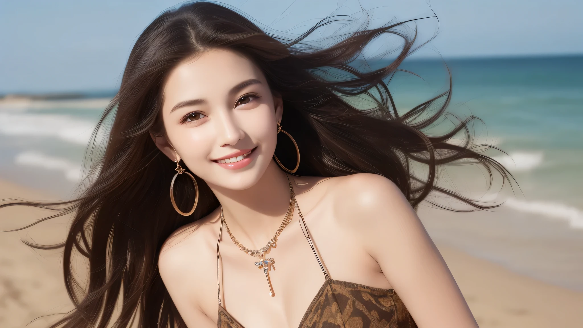 (3flat_chest_girl:1.4), brown eyes, (cute smile:1.2), (highly detailed eyes, highly detailed face), (flat chest, Tube top:1.2), accessories, necklace, earrings, (hyper-realistic, hight resolution), (best Quality:1.4), model, Enchanting, beach, (Fine face:1.2),