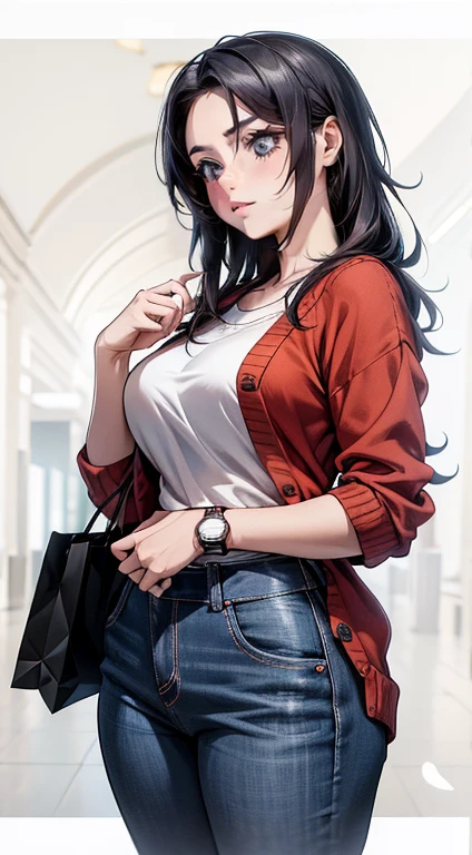Kurenai do anime Naruto, cabelo preto, Cabelo longo, olhos vermelhos, using mascara, corpo perfeito, Seios perfeitos, Mulher bonita, muito bonito, vestindo uma camisa branca, wearing a red cardigan, jeans, usando uma bolsa, using a watch, usando brincos -brincos, were no Shopping, no Shopping, realismo, obra de arte, couro texturizado, super detalhado, alto detalhe, alta qualidade, melhor qualidade, 1080P, High definition, 16K