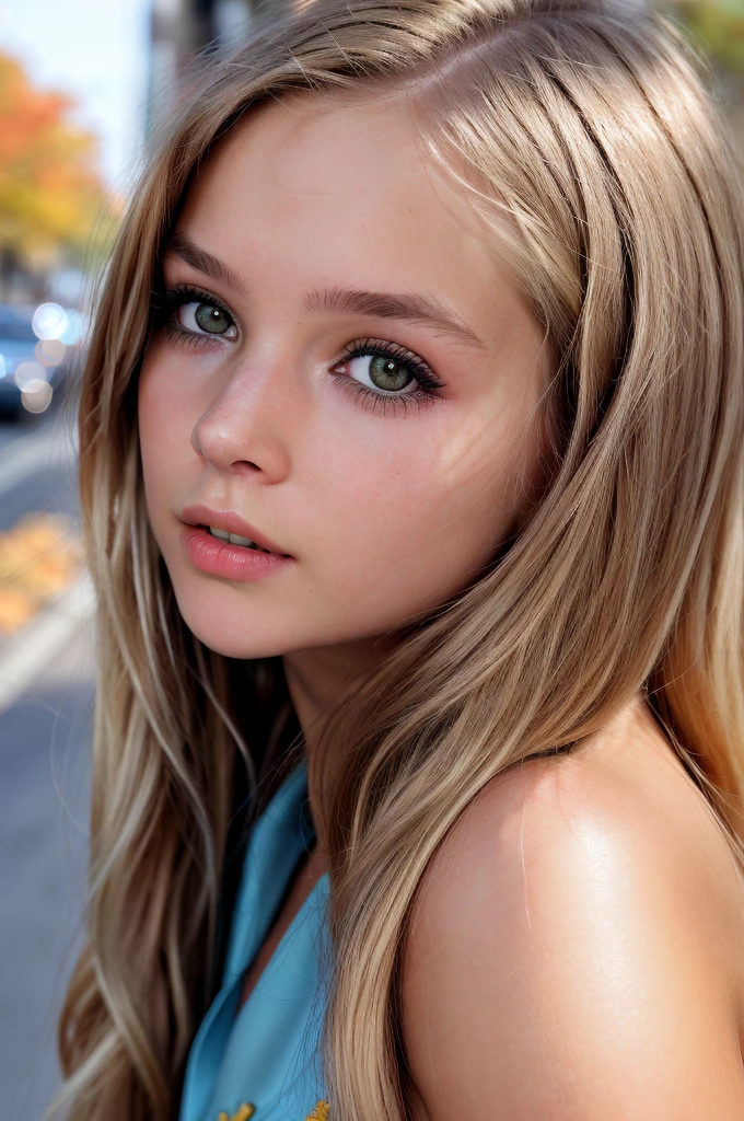 close up of a gorgeous girl sienna with long blonde hair, looking at viewer, perfect eyes, innocent face, wearing a coat and a blouse, elegant, walking in a crowded urban street in a bright sunny day, (autumn:1.2), sunrays, dramatic, dynamic pose,
natural skin texture, photorealism, photorealistic, high quality, RAW photograph, detailed background, intricate, highly detailed, sharp focus, high resolution, 8k, uhd, dslr, 
