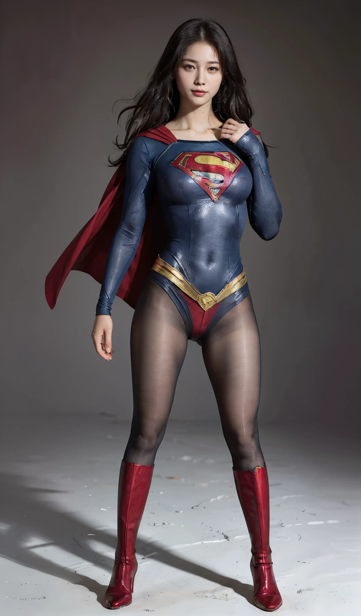 No background、(((Beautiful legs in black tights.)))、(((Legally express the beauty of your smile)))、((((Make the most of your original images)))、(((Supergirl Costume)))、(((The costume also covers the abdomen)))、(((Beautiful Hair)))、(((suffering)))、(((Please wear black tights....、Wear red boots)))、((Best image quality、8k))、((highest quality、8k、masterpiece:1.3))、(((Preserve background )))、Sharp focus:1.2、Beautiful woman with perfect figure:1.4、Slim Abs:1.2、Wet body:1.5、Highly detailed face and skin texture、8k