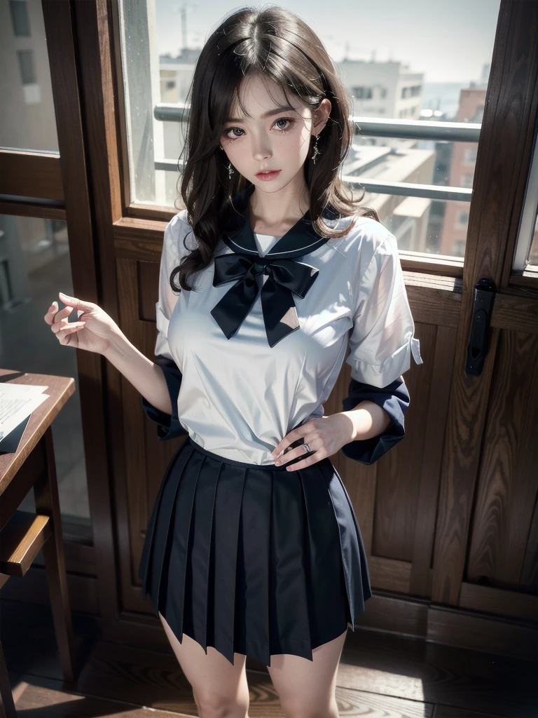 full body shot, absurdres, RAW photo, extremely delicate and beautiful, masterpiece, Best Quality, ultra high resolution, 32k, hyperrealistic, ultra-detailed, detailed description, pale skin, 20 years old, tearful mole, earring, Colossal tits, short medium hair, wavy hair, sailor uniform, school_uniform,
