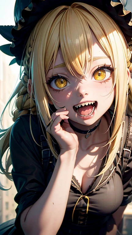 solo,1female\(cute,kawaii,teen,zombie,skin color blue,sharp teeth,big smile,open mouth big,fun,enjoy,dynamic pose,yellow eyes,big eyes,blonde hair,hair floating,braid hair,\),background\(outside,shiny,\),trying to eat viewer,comming to viewer,[nsfw:2.0],close up, BREAK ,quality\(8k,wallpaper of extremely detailed CG unit, ​masterpiece,hight resolution,top-quality,top-quality real texture skin,hyper realisitic,increase the resolution,RAW photos,best qualtiy,highly detailed,the wallpaper,cinematic lighting,ray trace,golden ratio,\)