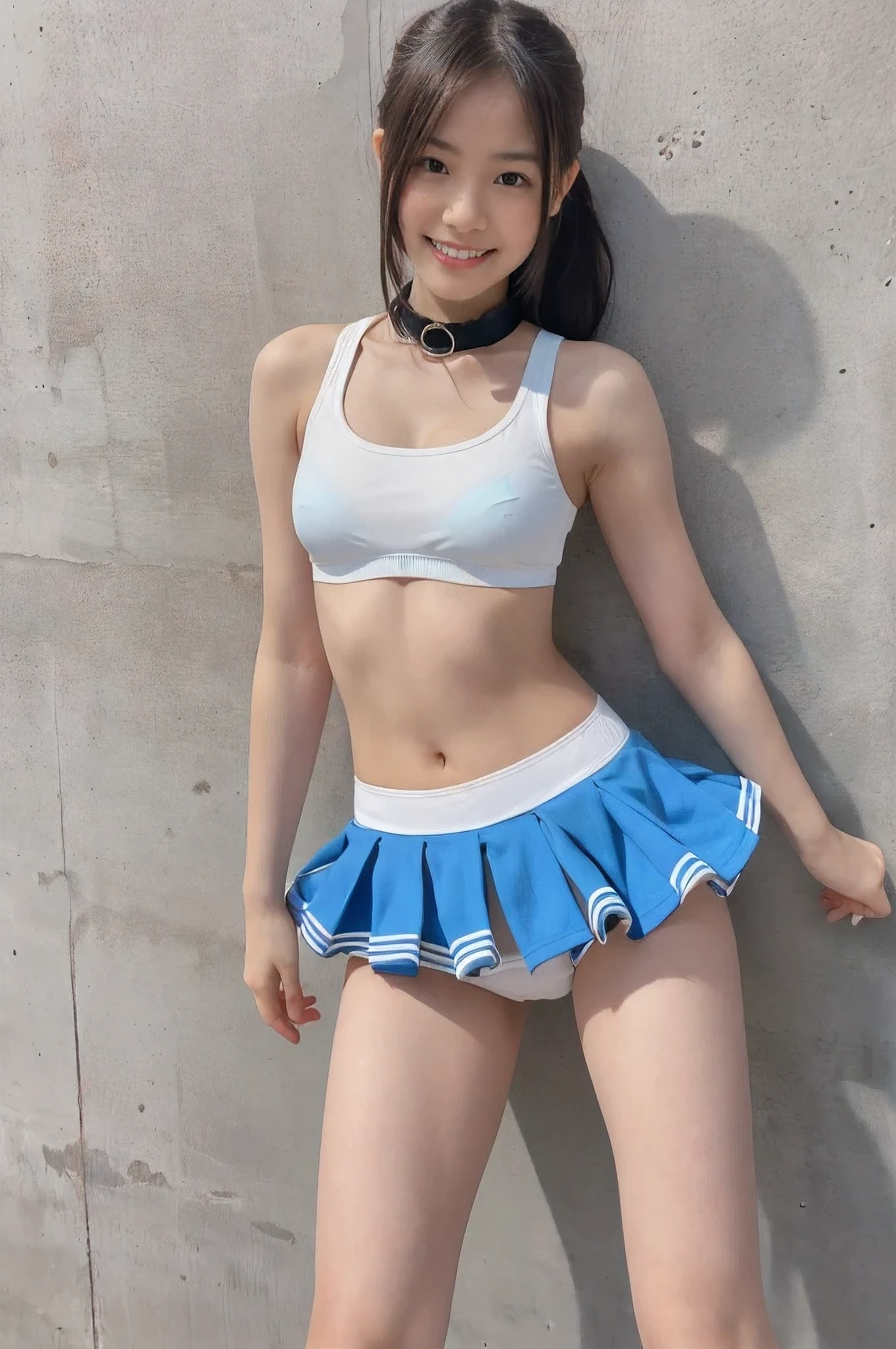 (8x_NMKD-Superscale_150000_G),(8K, Super high quality,highest quality),(masterpiece:1.5),(cowboy shot),1 girls, , cheerleader, (((black collar))), (light blue sports bra, navel, socks), ((white frilled panties)), smiling, slender figure, beautiful twin-tailed girl