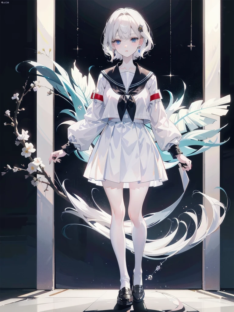 full body shot, absurdres, RAW photo, extremely delicate and beautiful, masterpiece, Best Quality, ultra high resolution, 32k, hyperrealistic, ultra-detailed, detailed description, pale skin, 20 years old, tearful mole, earring, Colossal tits, short medium hair, wavy hair, sailor uniform, school_uniform,