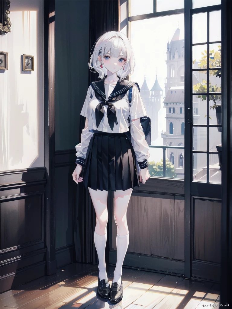 full body shot, absurdres, RAW photo, extremely delicate and beautiful, masterpiece, Best Quality, ultra high resolution, 32k, hyperrealistic, ultra-detailed, detailed description, pale skin, 20 years old, tearful mole, earring, Colossal tits, short medium hair, wavy hair, sailor uniform, school_uniform,