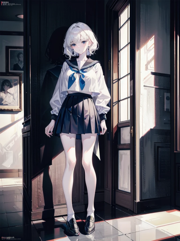 full body shot, absurdres, RAW photo, extremely delicate and beautiful, masterpiece, Best Quality, ultra high resolution, 32k, hyperrealistic, ultra-detailed, detailed description, pale skin, 20 years old, tearful mole, earring, Colossal tits, short medium hair, wavy hair, sailor uniform, school_uniform,