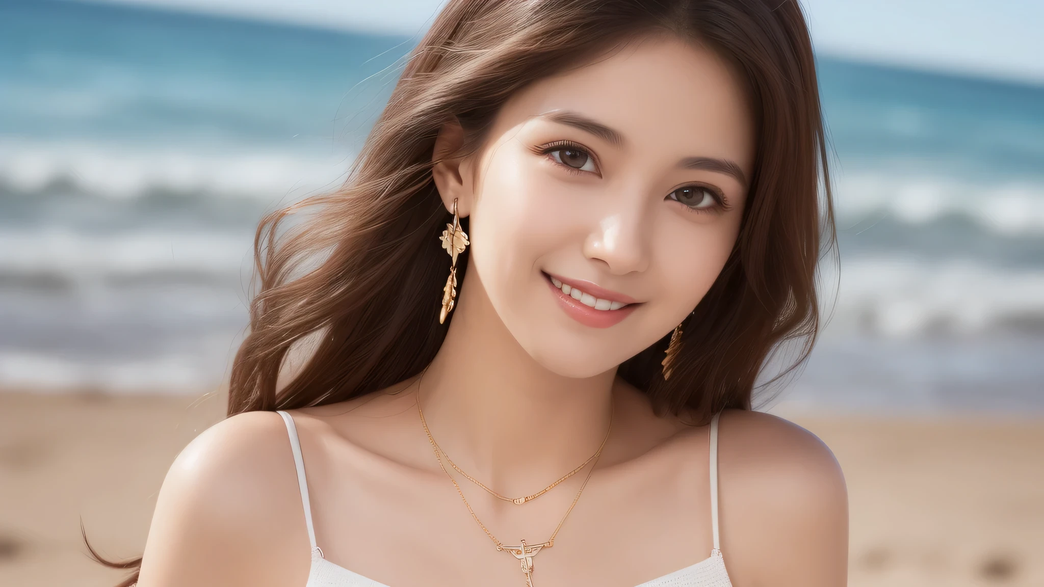 (3flat_chest_girl:1.4), brown eyes, (cute smile:1.2), (highly detailed eyes, highly detailed face), (flat chest, Tube top:1.2), accessories, necklace, earrings, (hyper-realistic, hight resolution), (best Quality:1.4), model, Enchanting, beach, (Fine face:1.2),