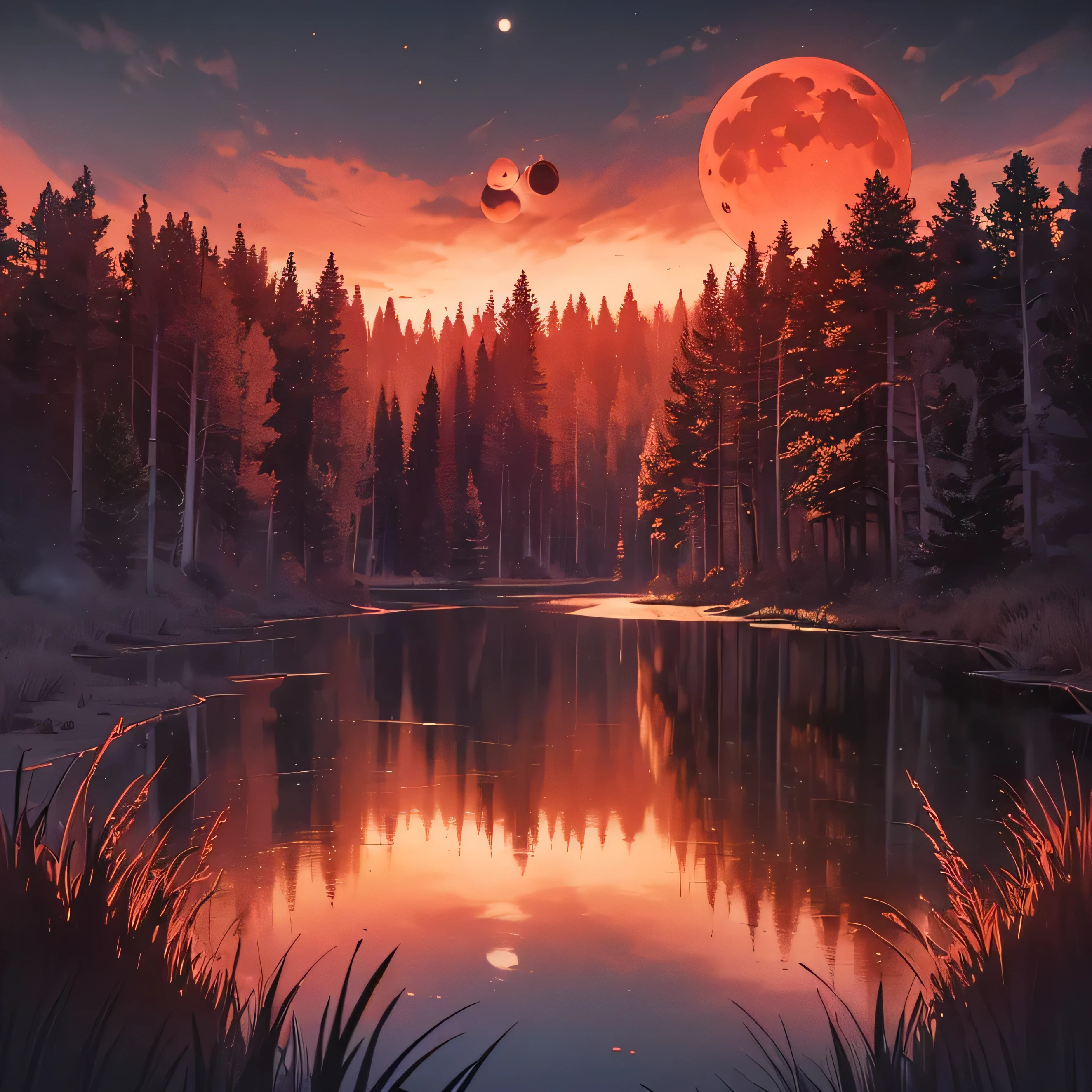 (((Three dark red moons in the sky right and left of the middle moon))). The middle moon is largest, the right one is second largest, the left is smallest. They are above a dense forest. ((Landscape)), (((no people))) (((no characters)))