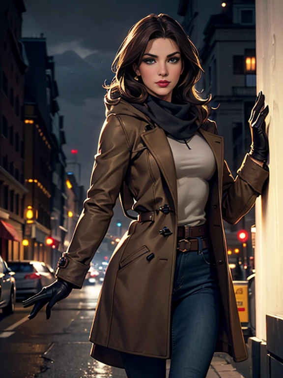 Sandra Bullock、(masterpiece:1.0), (Highest_quality:1.2), (Dark Shot:1.3), Classic Rogue, 1991 Rogue X-Men, 1 girl, Only 1, Head to Toe, standing on street corner, Elegant pose, (clothing: Brown winter coat, Brown color hood, Down lining, White scarf, gloves, jeans) Medium length hair, Brown Hair, Wavy Hair, One gray hair, Green Eyes, Mischievous look, Grin, Lips parted,  Red lipstick, Heavy makeup, Confident expression, Backlight, (realism: 1.5), (Realistic: 1.4), (Disorganized:1.4), 8k, Very detailed, Detailed beautiful woman,  (background: Midnight, it&#39;s snowing, On the streets of New York, Snowy Night), Official Art, Very detailed CG Unity 8k wallpaper, Perfect lighting, colorful, 超High resolution, photograph, 8k, High resolution, Kodak Portrait 400, Film Grain, blurry background, (Bokeh:1.2), (Vibrant_color:1.2), Film Grain:1.2, (Warm colors, Warm Tones:1.2), (color photo), Professional Photograph