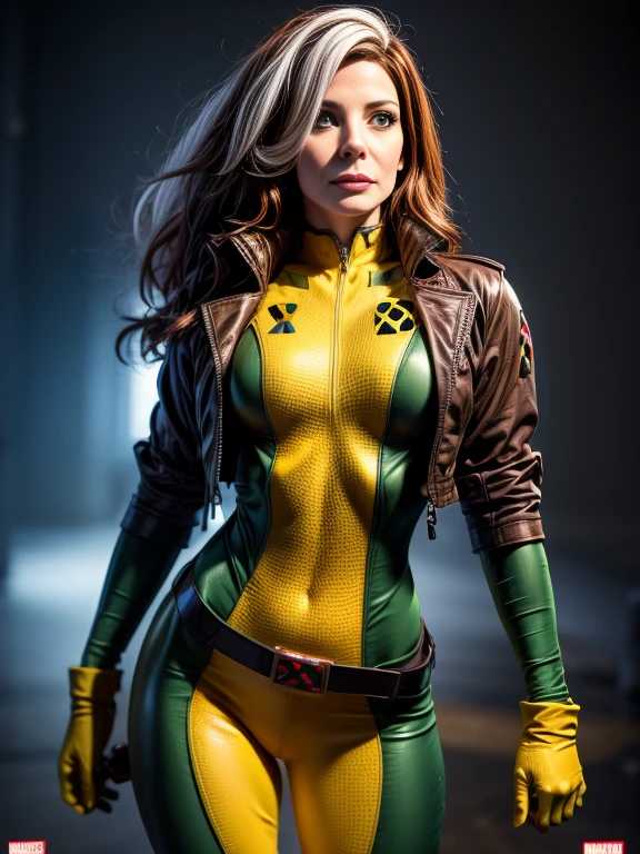 Sandra Bullock、masterpiece, High-quality 4K, Villain (X-Men), Gothic Girl, Sculpted body gothic makeup, Brown jacket, Yellow and green bodysuit, masterpiece, highest quality, Cowboy Shot, One girl, alone, Technology Military Bodysuit, fringe.