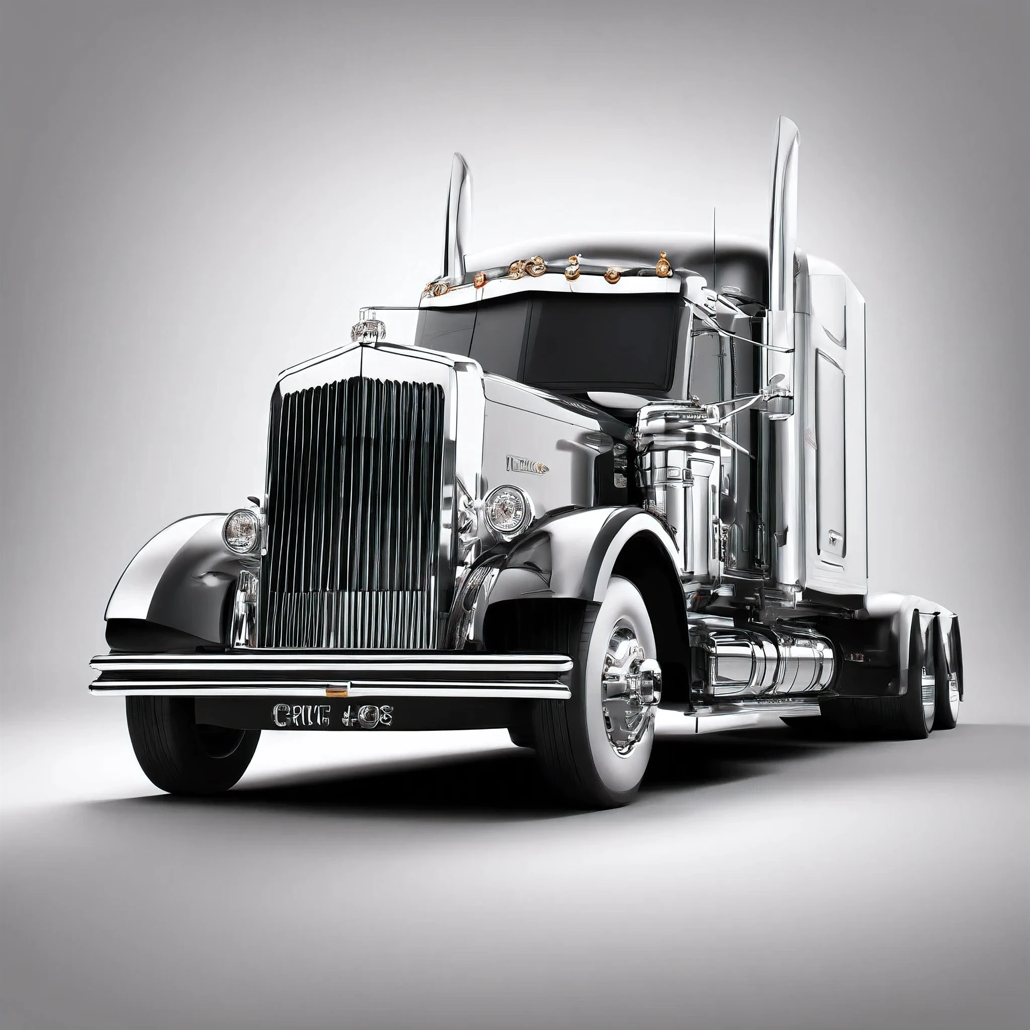 (ultra-detailed,highres,masterpiece:1.2),HDR,UHD,extremely detailed luxury semi truck with sleeper parked on a beautifully landscaped background,medium:realistic, detailed rendering of a 2023 Rolls Royce Ghost semi truck with a glossy black exterior,shiny chrome accents, and large, imposing wheels,professional,portrait-like view of the truck showing its elegant curves and sleek lines,vivid colors,sharp focus on the intricate details of the truck's front grille,headlights,and logo,photorealistic image of the truck's luxuriously appointed sleeper cabin,including plush leather seats,wooden accents,and state-of-the-art technology,concept artist's interpretation of the truck's interior, floor-to-ceiling windows, and panoramic roof,bokeh lighting effect highlighting the truck's regal presence and enhancing its overall appeal,studio lighting emphasizing the truck's high-end craftsmanship and creating a captivating ambiance,exquisite attention to detail in capturing the truck's signature features, such as the iconic Rolls Royce Spirit of Ecstasy figurine, and the elegant Spirit of Ecstasy illuminated grille ornament,meticulously rendered street scene,reflecting the truck's opulence and exclusivity,photography-inspired composition, capturing the truck from an artistic angle,highlighting its grandeur and conveying a sense of power and sophistication.