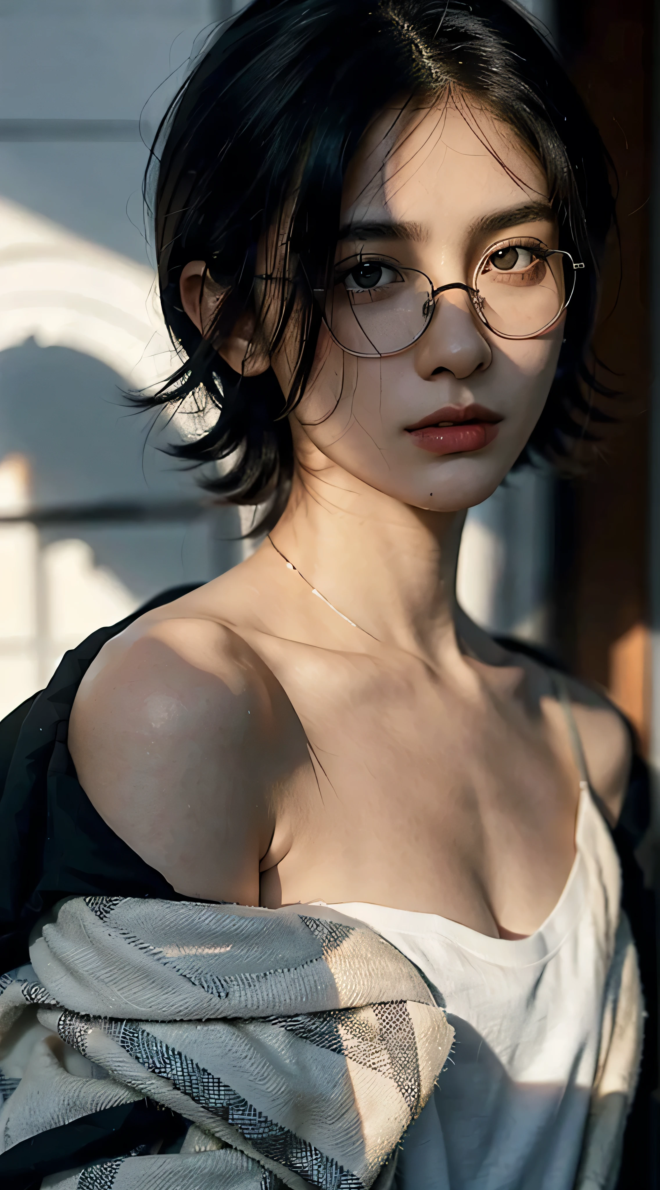 masterpiece, best quality, realistic, highly detailed, 1girl, solo, cowboy shot, different eyes color, glasses, short hair, black hair, medium breast, stylish T-shirt, Lips pierced, tatto on neck, beautiful girl, A tomboy face, Flat face without expression, detail eyes, detail hair, perfect lighting