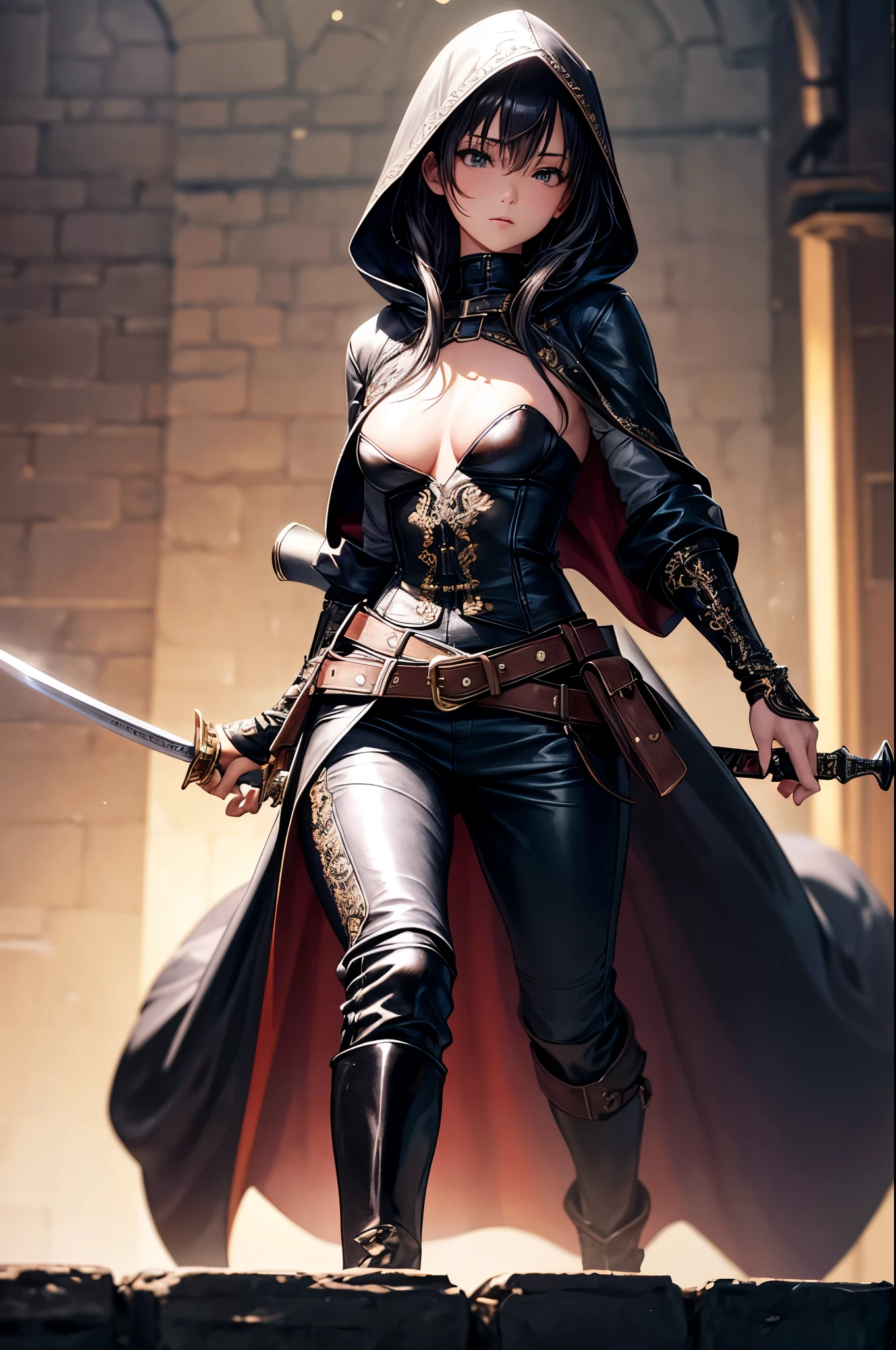(((((middle age woman))))), masterpiece, ultra detailed, 8k portrait, RAW photo, portrait photography, highly detailed face, beautiful and meticulous eyes, ((Fantasy)), 1 woman, (((cool middle aged face))), grin, Adult beautiful, 32 years old, (((drooping eyes))), dynamic pose, (((black and dark red Slicked back hair))), (((white skin color))), Luxury, ((black and gold lightly dressed)), ((loincloth)), (((black cargo pants))), (((big collar transparent long cloak))) fluttering in the wind, (((leather boots))), wearing lot of many accessory, ((jewel necklace)), (((holding a short sword))), neckline, Midday Sun, hyper realistic, athletic body, beautiful real sculptural body, big breasts, Beautiful breasts, Long legs, in the medieval european merchant guild, Ambient lighting, Shadow details , Camera focus on thigh, strong breeze, Light fog