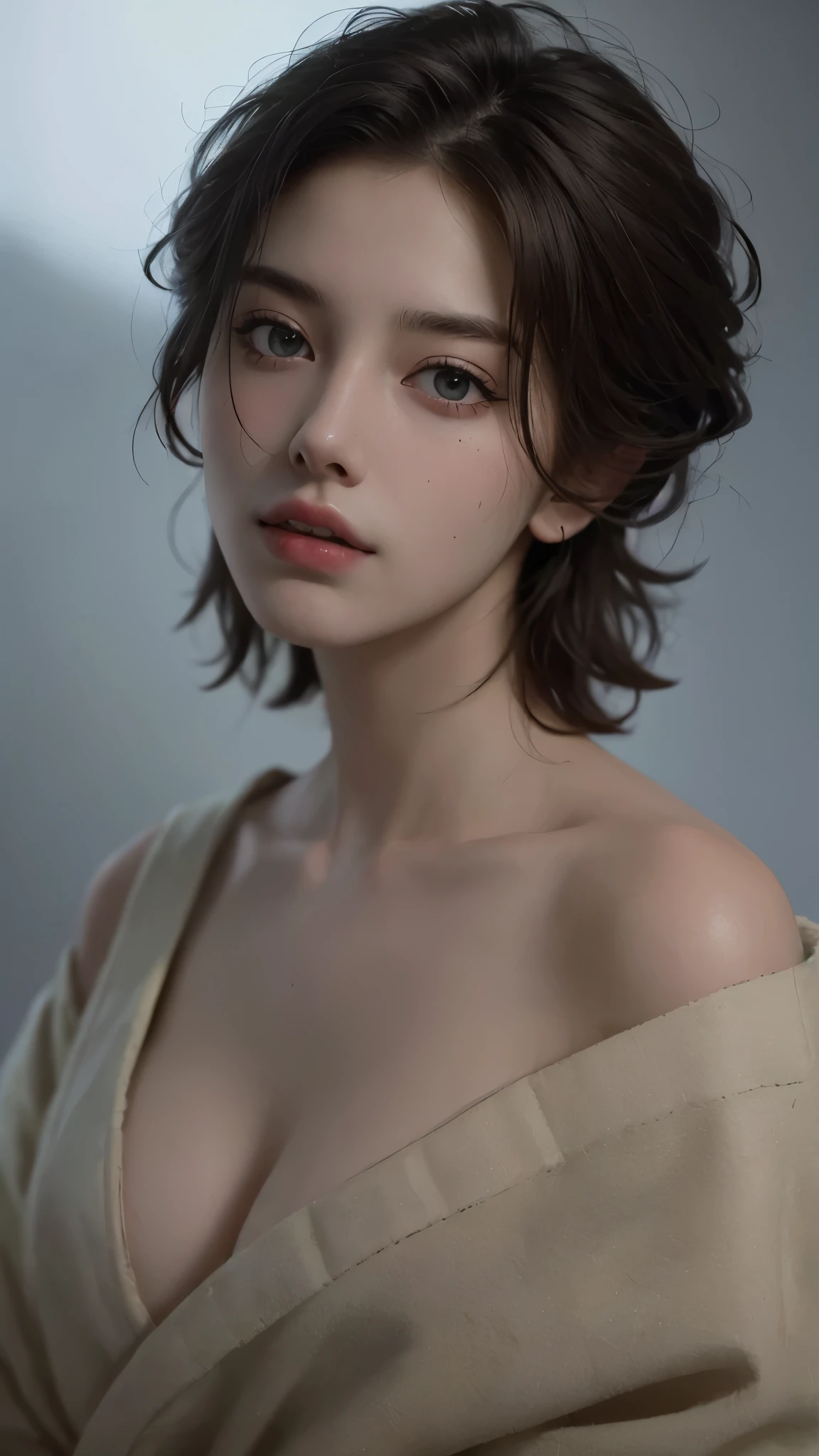 Best quality, masterpiece, ultra high res, (photorealistic:1.5), raw photo, 1girl, offshoulder, in the dark, deep shadow, low key, cold light, sexy look, short hair