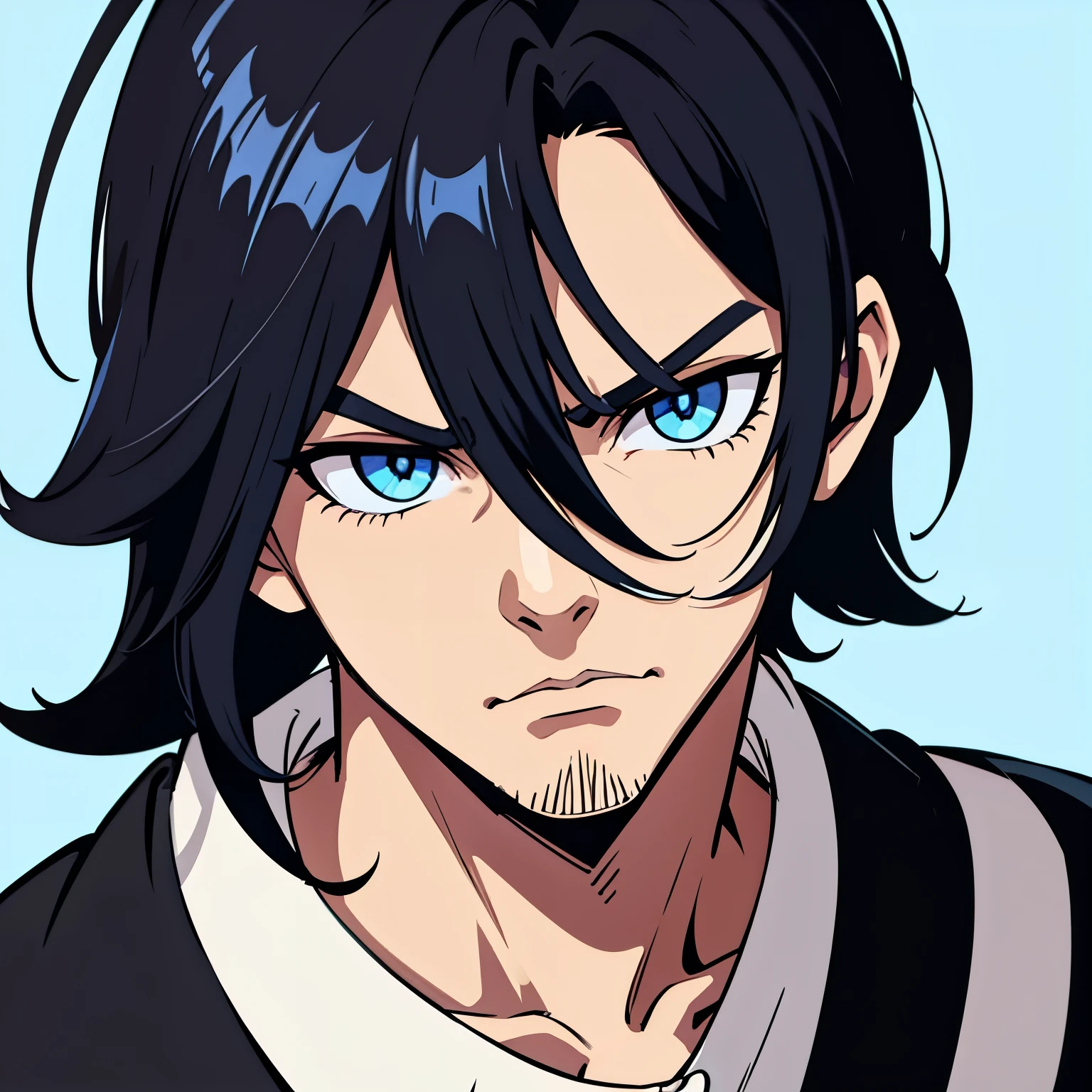 personagem masculino de cabelo preto e olho azul (beautiful and serious face) in the anime style with short and messy hair