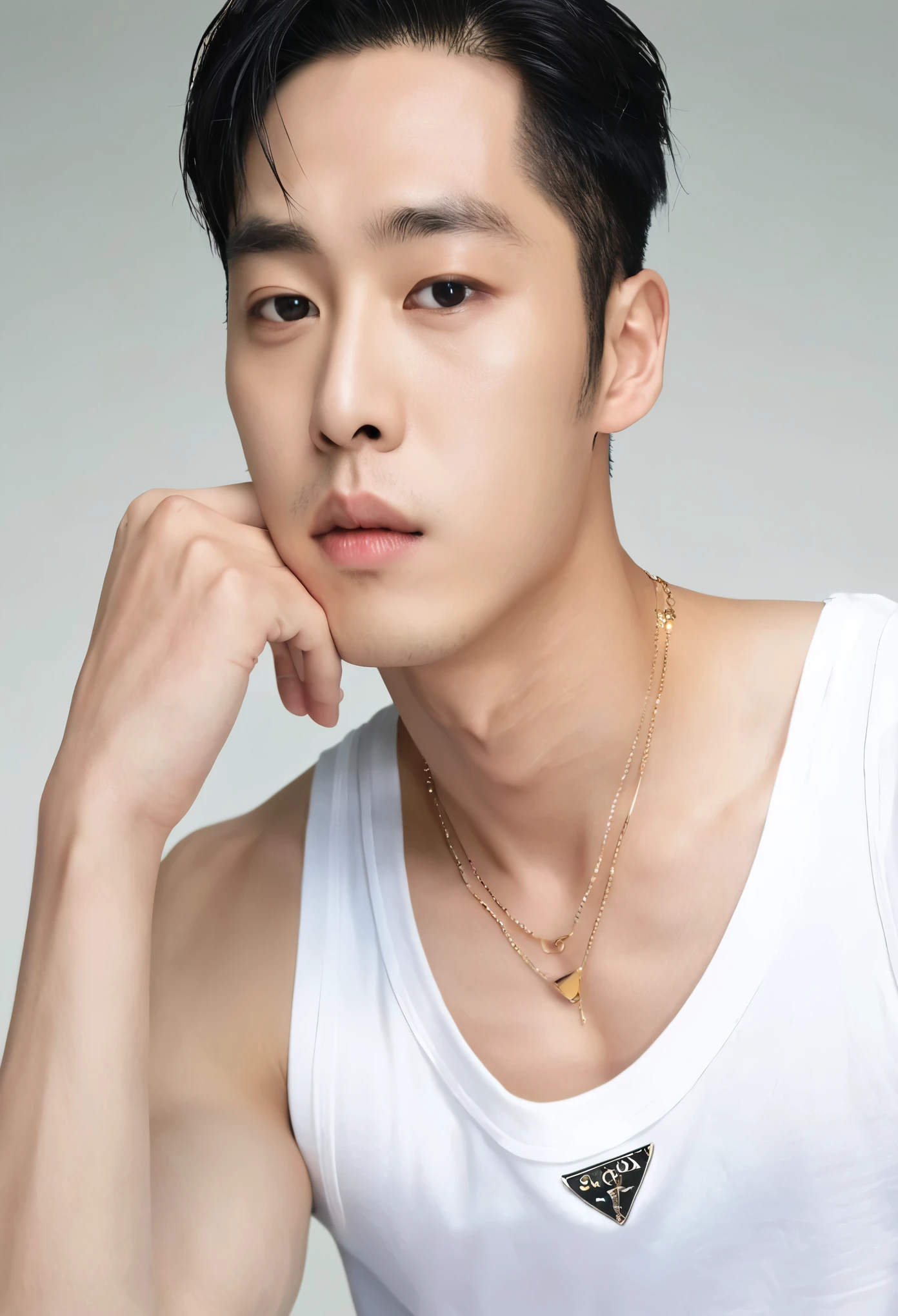 Araafed asian man in white blouse with gold necklace and hand on chin, Wonbin Lee, who is siwoo, Jung Jaehyun, hyung tae, inspirado em Zhang Han, homem sul-coreano, Hong junho hyung, Kim Doyoung, Yanjun Chengt, Tae June Kim, artista coreano, lindo chad queixo, Seseon Yoon, hyung tae kim