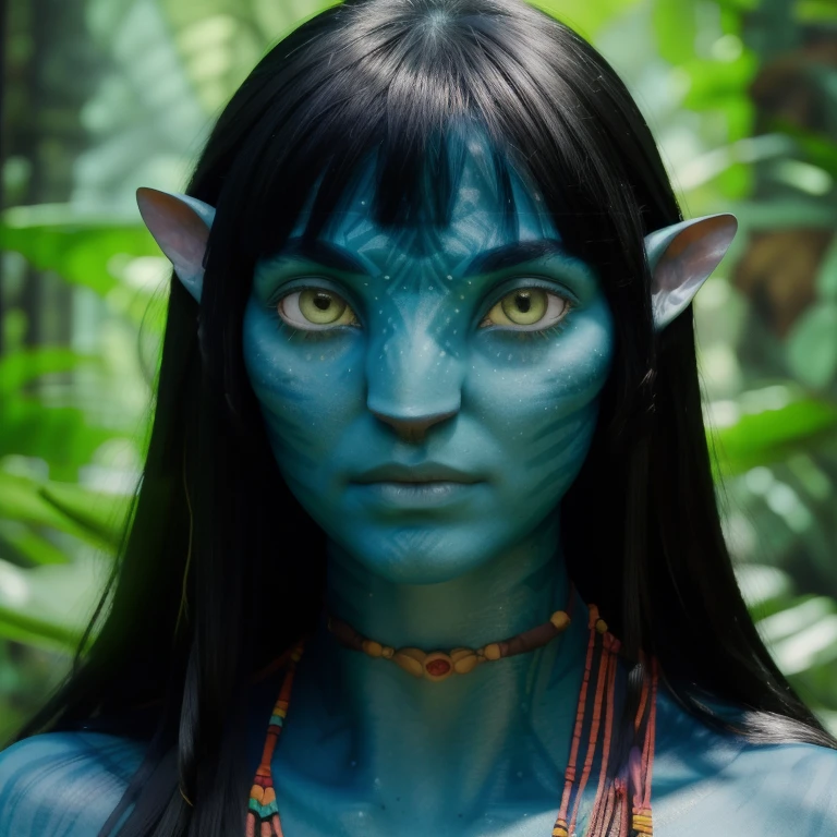 avatar style, (face portrait:1.6), naavi, 1girl, female, (silver eyes), (big eyes), ((eyebrowless)), pointy ears, (dark green blue skin tone:1.0), (straight hair:1.0), black hair color, ((long hair with bangs)), (young adult), 18 years old, face wrinkles, wearing colorful tribal clothing, (wearing tribal acessories), detailed eyes, toned body, muscled body, vibrant colors, glowing, ethereal atmosphere, surrealistic dreamy lighting, textured skin, otherworldly beauty, mesmerizing photography, (best quality, highres), vivid colors, ultrarealistic, skin details, striped skin, sfw, face close-up:0.5, ultradetailed body, ((greenish blue skin))