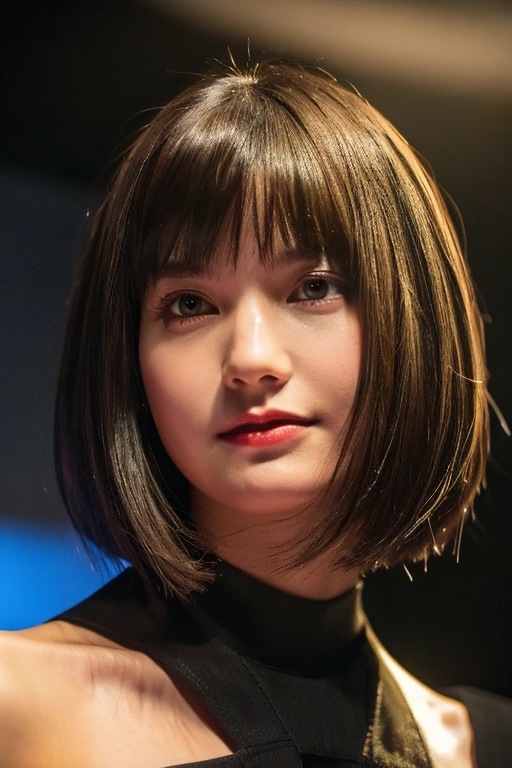short hair, Skintight Black Top:1.2, View your viewers, Cinema Lighting, perfection, Soft Light, High Resolution Skins:1.2, Realistic skin texture, Realistic Face, Off the shoulder, Red eyes, Short Hair、Dark brown hair、Small face、Bust B cup、